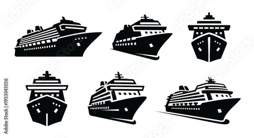 Cruise ship illustrations in various perspectives, black and white, perfect for design.