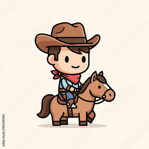 A cartoon cowboy, wearing a hat and bandana, rides a horse against a pale background. The style is simplistic with bold outlines