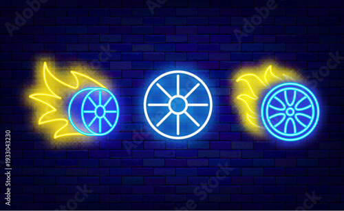 Auto wheel neon icons set. Fire and car. Automobile repair service. Drift show. Light emblem. Editable stroke. Vector stock illustration