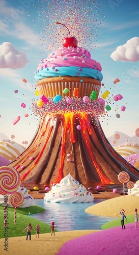 Giant cupcake erupting with colorful sprinkles and candy in a fantasy landscape