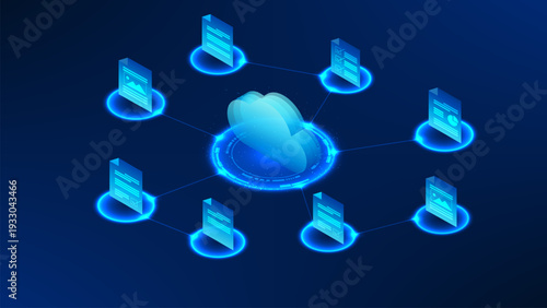 Cloud technology background featuring a connected cloud icon with document file transfer elements, representing cloud storage, data sharing, online backup, digital workflow, and secure file management