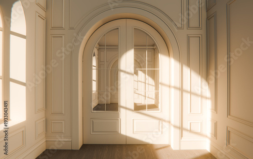 Sunlit Empty Classical Interior Room Solitude Minimal Background, 3D Render