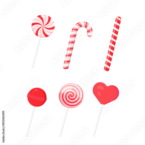 Red sweets vector set. Strawberry lollipops and candies.