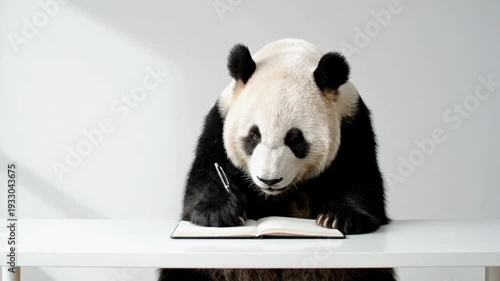 Panda writing at desk in office