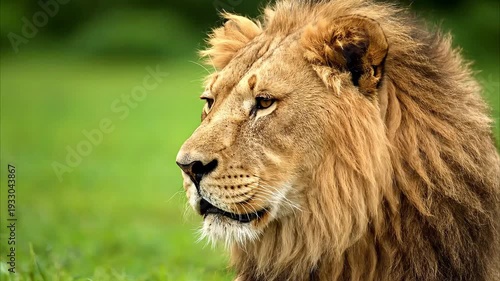 Majestic lion with shaggy mane in serene natural habitat