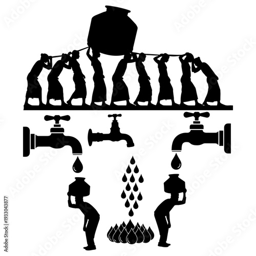 Importance of Water Concept - Man with Water Can and Water Tap Silhouette