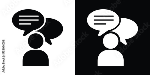 Minimalist vector icon of a person with a round thought bubble containing three dots. Represents thinking, processing, internal dialogue, and psychological reflection in a clean flat style.
