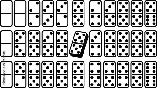 Flat design black domino tiles arranged in grid with one tilted tile overhead simple high contrast minimal vector layout icon