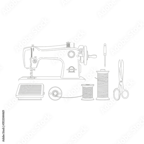 Vintage Sewing Machine with Spool, Scissors and Needle, Line Art