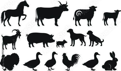 Farm animal silhouettes, horse, cow, sheep, goat, pig, poultry, rabbit, dog, vector illustration, black figures, white background, agriculture