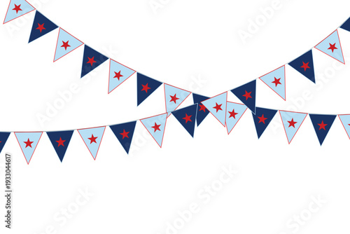 Two vibrant strings of red, white and blue patriotic bunting flags with star