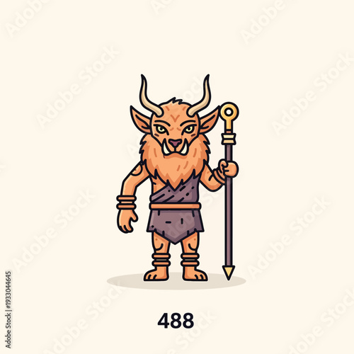 A cartoon character with horns, a beard, and wearing a loincloth. He has a staff with a gold top and a pointed bottom