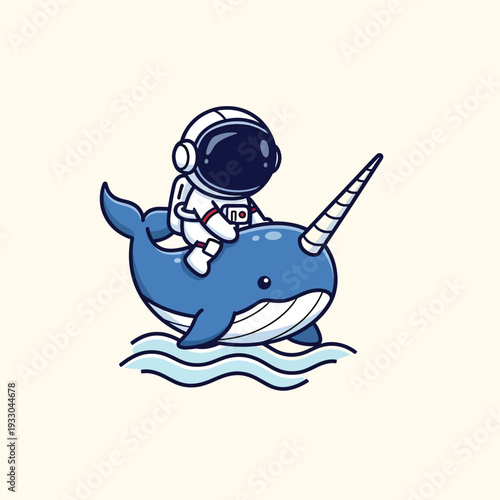 A cartoon astronaut rides a blue whale-like creature with a large horn on its head, atop blue water waves