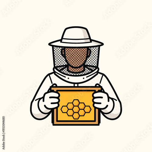 A cartoon beekeeper, in white protective gear, holds a frame with a honeycomb pattern. The drawing is simple, with thick black outlines