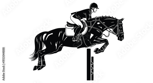 A black and white illustration depicts a horse and rider jumping an obstacle