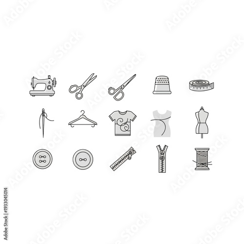 Sewing and Tailoring Icons: Machine, Scissors, Hanger, and Garments