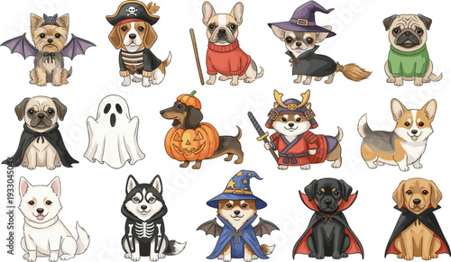 Cute dogs in Halloween costumes collection with ghost pirate witch vampire and festive pet characters