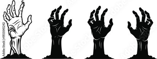 Distressed black and white zombie hand illustration set rising from the grave for horror and Halloween design.