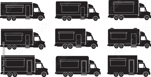 Black Solid Mobile Exhibit Truck Silhouettes Set of Six on White Background