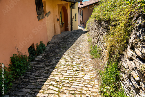 sunny stone path seen from above descends between a low stone wall on the right and pink-coloured houses on the left