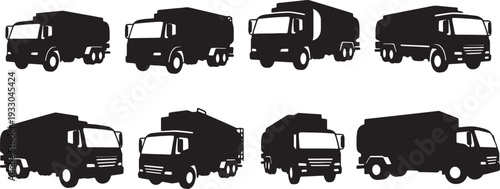 Black Solid Mobile Fuel Truck Silhouettes Set of Six on White Background
