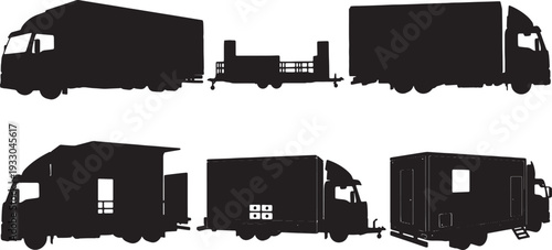 Black Solid Mobile Stage and Sound Truck Silhouettes Set of Six on White Background