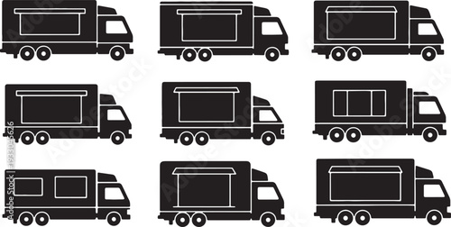 Black Solid Mobile Sound Stage Truck Silhouettes Set of Six on White Background