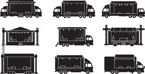 Black Solid Mobile Stage Truck Silhouettes Set of Six on White Background