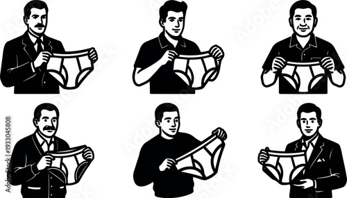 Vintage line art vector set six men holding underwear frontal view different poses close up studio lighting playful graphic resource