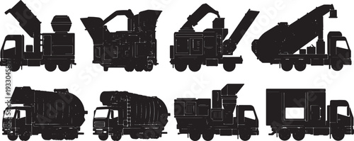 Black Solid Mobile Waste Treatment Truck Silhouettes Set of Six on White Background