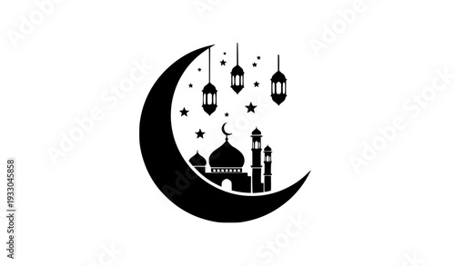 Modern Islamic Ramadan Crescent Moon with Mosque and Lantern Silhouette Vector Art