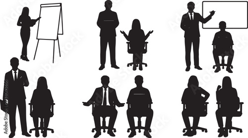 Black Solid Mock Interview Practice Silhouettes Set of Six on White Background