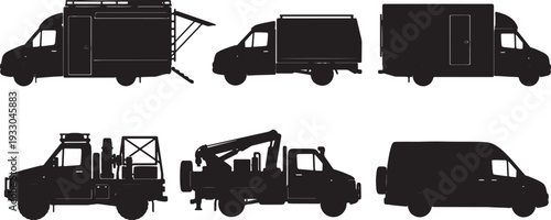 Black Solid Mobile Workshop Truck Silhouettes Set of Six on White Background
