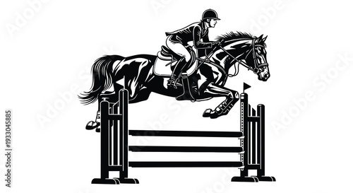 A black and white illustration of a horse and rider jumping over a fence