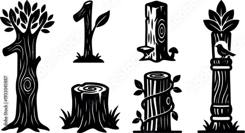 Woodcut style vector tree trunks stumps set with vine bird leaf details front view isolated black silhouettes ornamental rustic icons
