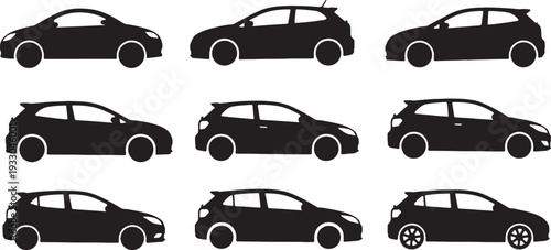 Black Solid Modern Hatchback Car Silhouettes Set of Six on White Background