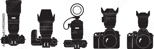 Black Solid Modern DSLR Camera Silhouettes Set of Six on White Background