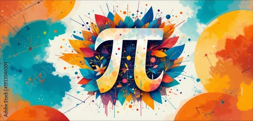 Colorful Pi symbol illustration with abstract floral elements and vibrant watercolor background
