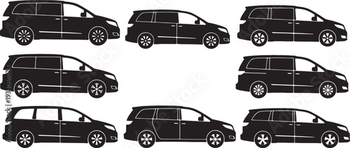 Black Solid Modern Minivan Silhouettes Set of Six on White Background