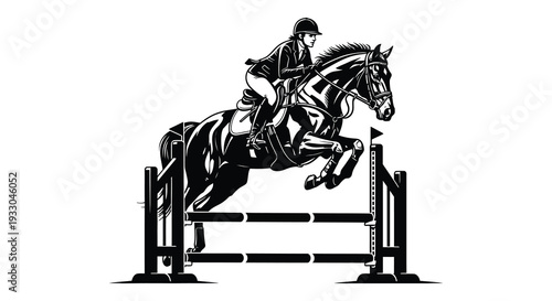Equestrian athlete skillfully jumps a horse over a fence in a black and white illustration