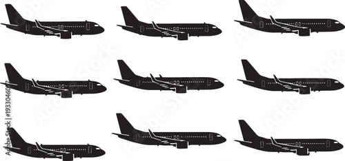 Black Solid Modern Narrow-Body Passenger Jets Silhouettes Set of Six on White Background