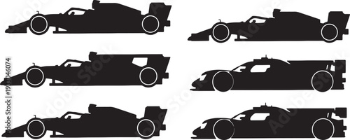 Black Solid Modern Race Car Silhouettes Set of Six on White Background