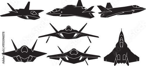 Black Solid Modern Stealth Fighter Jets Silhouettes Set of Six on White Background