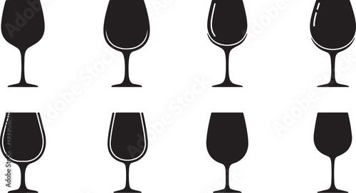 Black Solid Modern Wine Glasses Silhouettes Set of Six on White Background