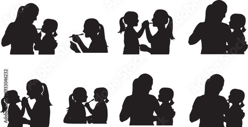 Black Solid Mother Brushing Child Teeth Silhouettes Set of Six on White Background