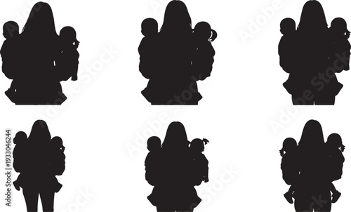 Black Solid Mother Carrying Two Children Silhouettes Set of Six on White Background