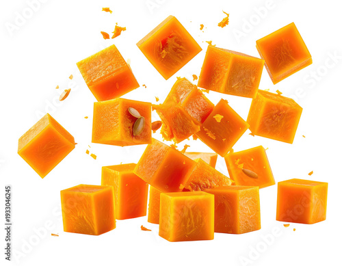 Vibrant orange cubed vegetables with visible seeds flying