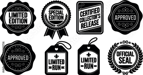 Flat design vintage badge seals and limited edition tags in black vector set with close up front view high contrast