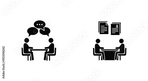 Two black icons depict communication and a meeting or interview scenario
