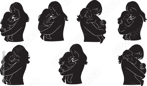 Black Solid Mother Carrying Tired Child Silhouettes Set of Six on White Background